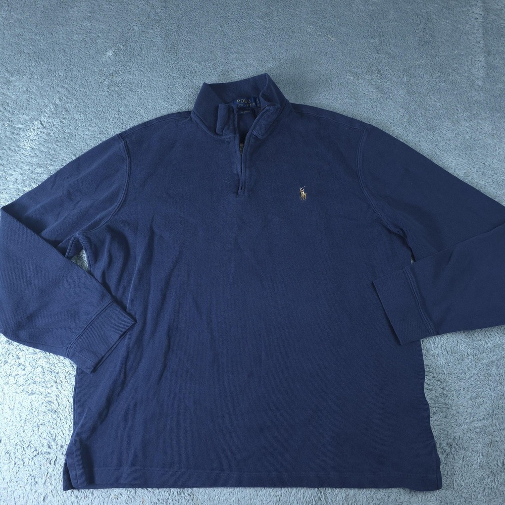 Polo Ralph Lauren Sweater Mens Large Blue Estate Rib 1/4 Zip Mock Neck Cotton